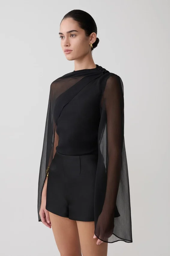 Ida Sheer Asymmetrical Long Sleeve Cape – Black Ida Sheer Asymmetrical Long Sleeve Cape – Black