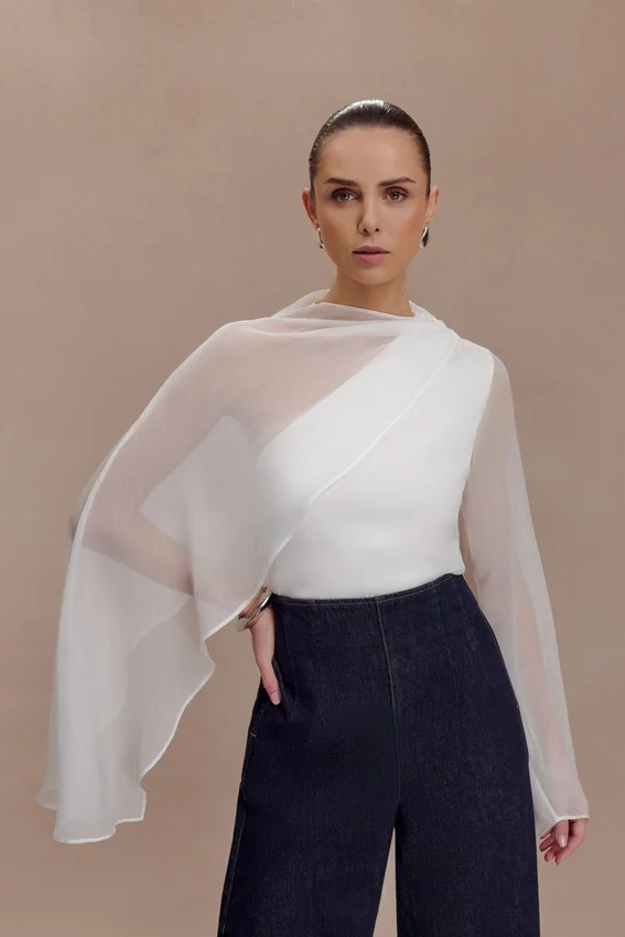 Ida Sheer Asymmetrical Long Sleeve Cape – White Ida Sheer Asymmetrical Long Sleeve Cape – White