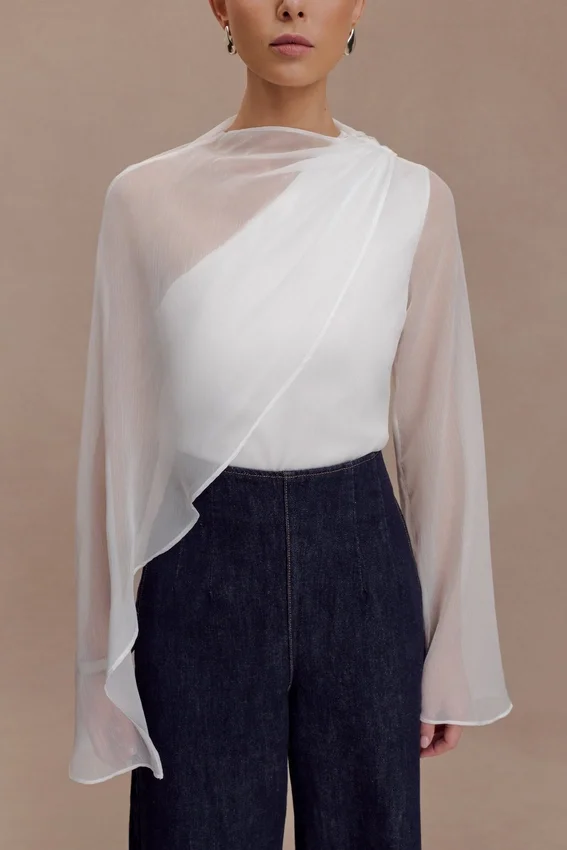 Ida Sheer Asymmetrical Long Sleeve Cape – White Ida Sheer Asymmetrical Long Sleeve Cape – White