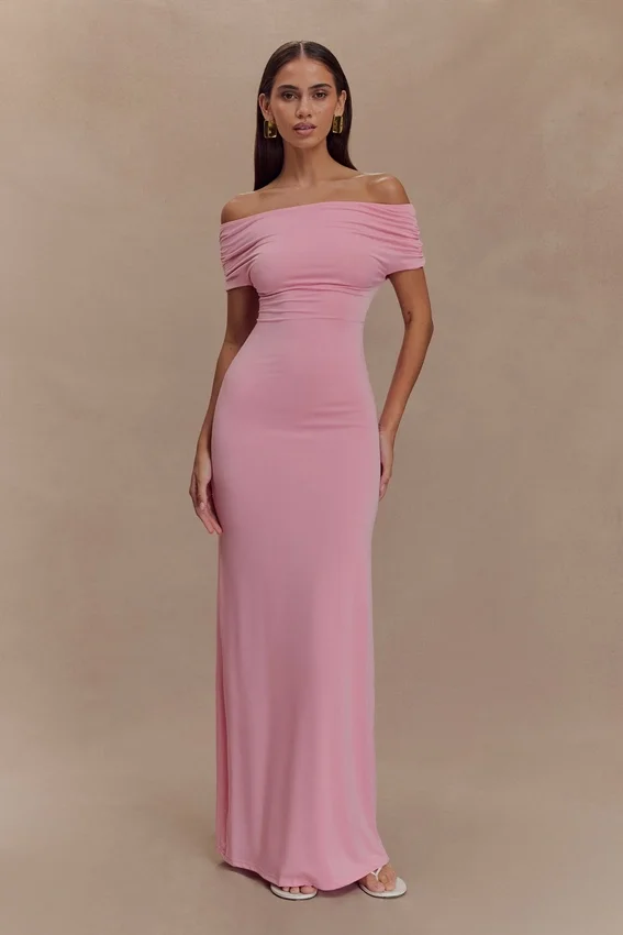 Imogen Off Shoulder Slinky Maxi Dress – Candy Pink Imogen Off Shoulder Slinky Maxi Dress – Candy Pink