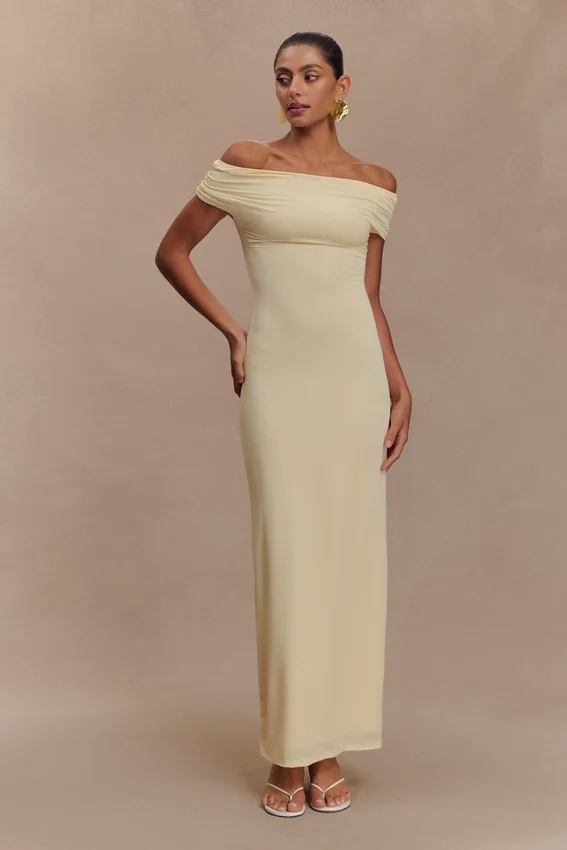 Imogen Off Shoulder Slinky Maxi Dress – Lemon Imogen Off Shoulder Slinky Maxi Dress – Lemon