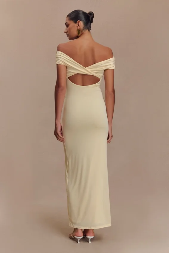 Imogen Off Shoulder Slinky Maxi Dress – Lemon Imogen Off Shoulder Slinky Maxi Dress – Lemon