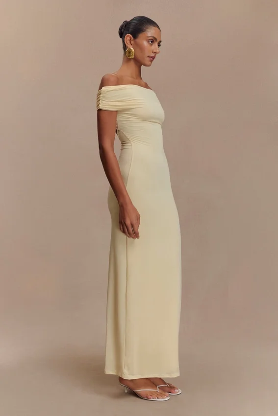 Imogen Off Shoulder Slinky Maxi Dress – Lemon Imogen Off Shoulder Slinky Maxi Dress – Lemon