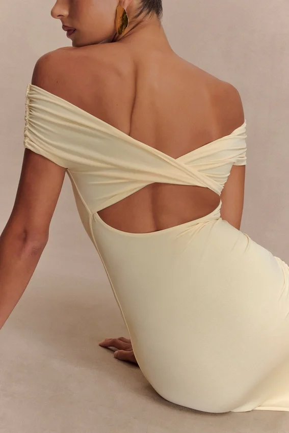 Imogen Off Shoulder Slinky Maxi Dress – Lemon Imogen Off Shoulder Slinky Maxi Dress – Lemon