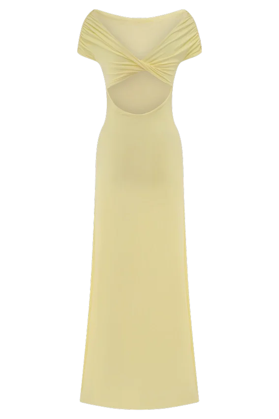 Imogen Off Shoulder Slinky Maxi Dress – Lemon Imogen Off Shoulder Slinky Maxi Dress – Lemon