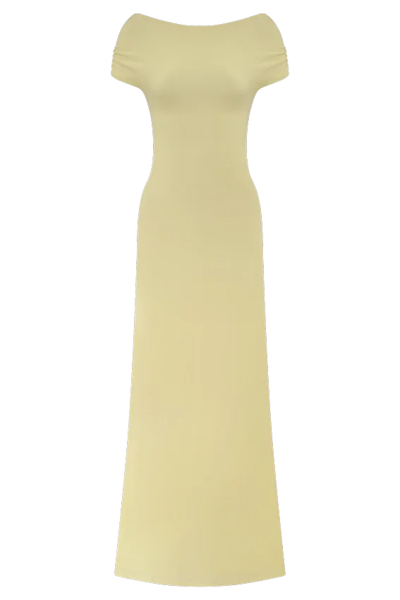 Imogen Off Shoulder Slinky Maxi Dress – Lemon Imogen Off Shoulder Slinky Maxi Dress – Lemon