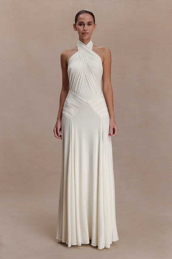 Indira Gathered Slinky Halter Maxi Dress – Ivory Indira Gathered Slinky Halter Maxi Dress – Ivory