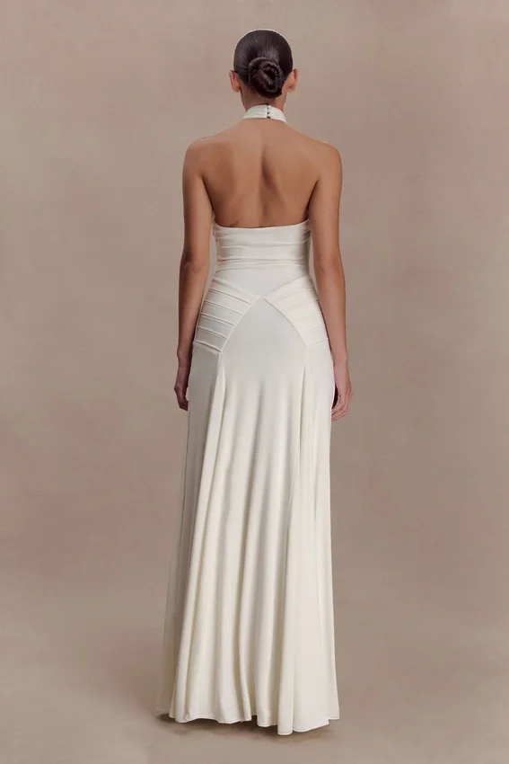 Indira Gathered Slinky Halter Maxi Dress – Ivory Indira Gathered Slinky Halter Maxi Dress – Ivory