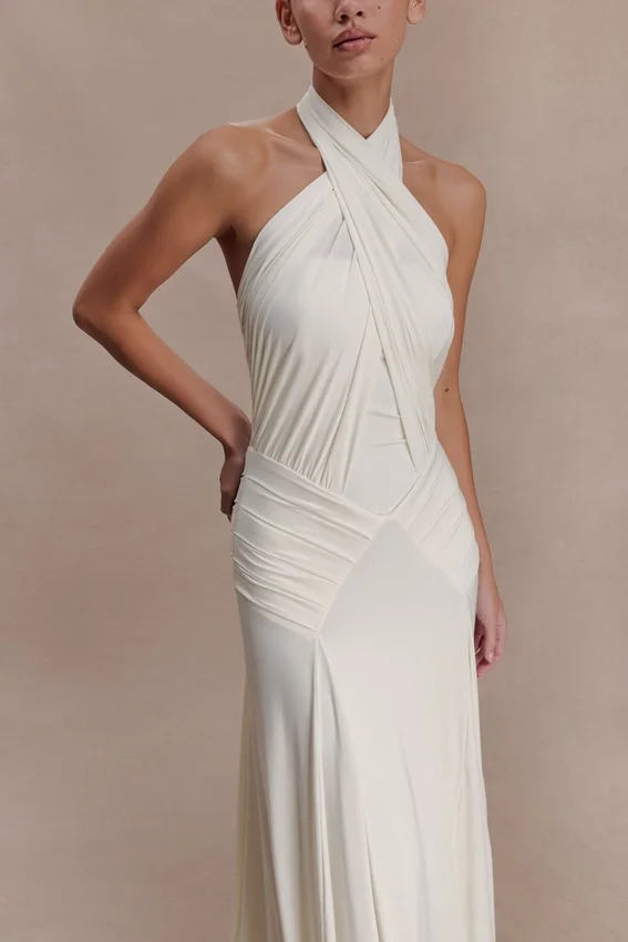 Indira Gathered Slinky Halter Maxi Dress – Ivory Indira Gathered Slinky Halter Maxi Dress – Ivory