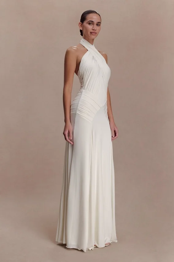 Indira Gathered Slinky Halter Maxi Dress – Ivory Indira Gathered Slinky Halter Maxi Dress – Ivory