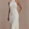 Indira Gathered Slinky Halter Maxi Dress – Ivory Indira Gathered Slinky Halter Maxi Dress – Ivory