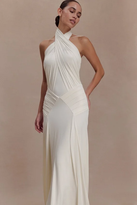 Indira Gathered Slinky Halter Maxi Dress – Ivory Indira Gathered Slinky Halter Maxi Dress – Ivory