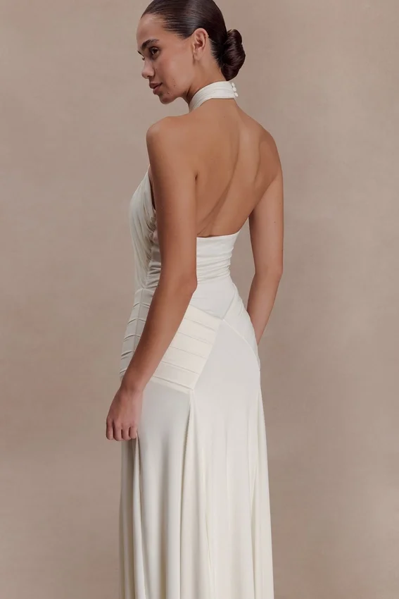 Indira Gathered Slinky Halter Maxi Dress – Ivory Indira Gathered Slinky Halter Maxi Dress – Ivory