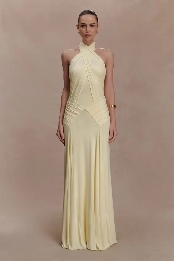 Indira Gathered Slinky Halter Maxi Dress – Lemon Indira Gathered Slinky Halter Maxi Dress – Lemon