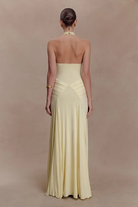 Indira Gathered Slinky Halter Maxi Dress – Lemon Indira Gathered Slinky Halter Maxi Dress – Lemon