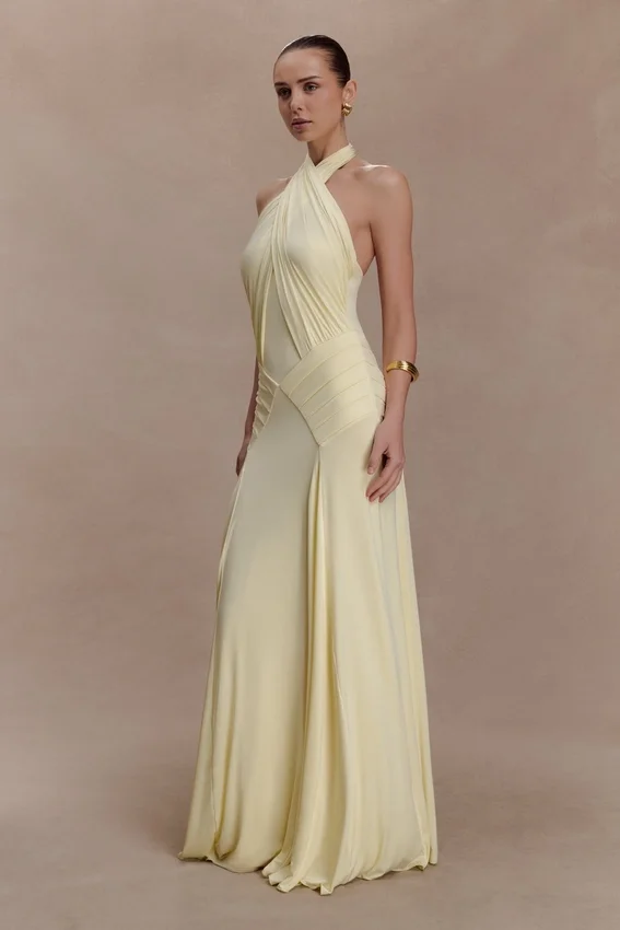 Indira Gathered Slinky Halter Maxi Dress – Lemon Indira Gathered Slinky Halter Maxi Dress – Lemon
