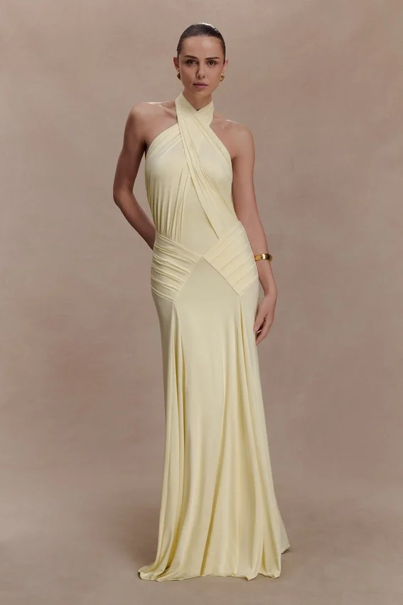 Indira Gathered Slinky Halter Maxi Dress – Lemon Indira Gathered Slinky Halter Maxi Dress – Lemon