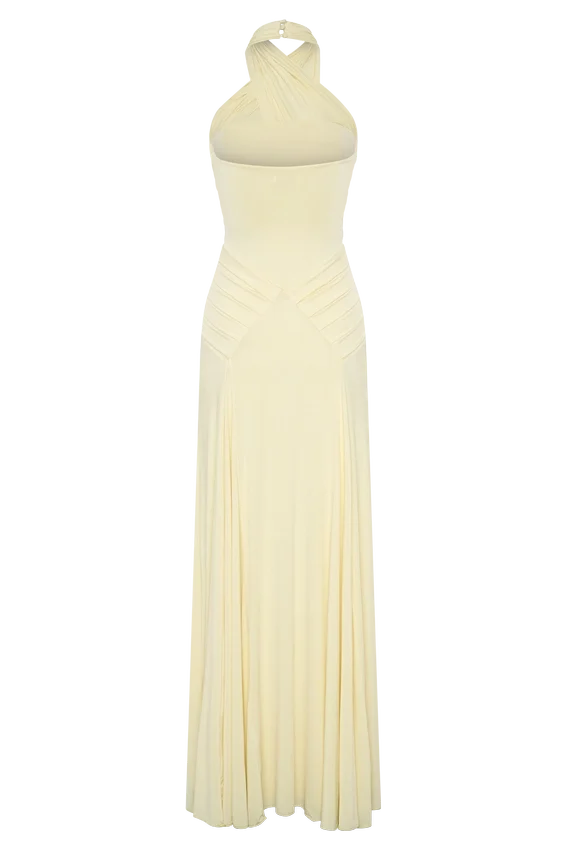 Indira Gathered Slinky Halter Maxi Dress – Lemon Indira Gathered Slinky Halter Maxi Dress – Lemon