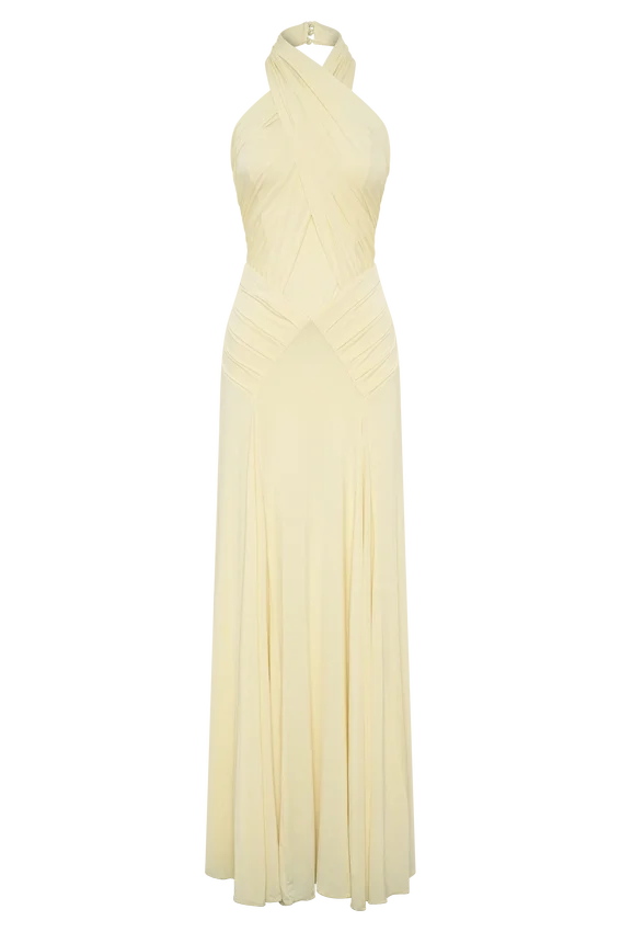 Indira Gathered Slinky Halter Maxi Dress – Lemon Indira Gathered Slinky Halter Maxi Dress – Lemon