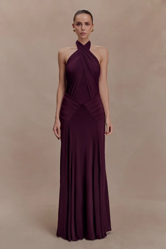 Indira Gathered Slinky Halter Maxi Dress – Mahogany Indira Gathered Slinky Halter Maxi Dress – Mahogany
