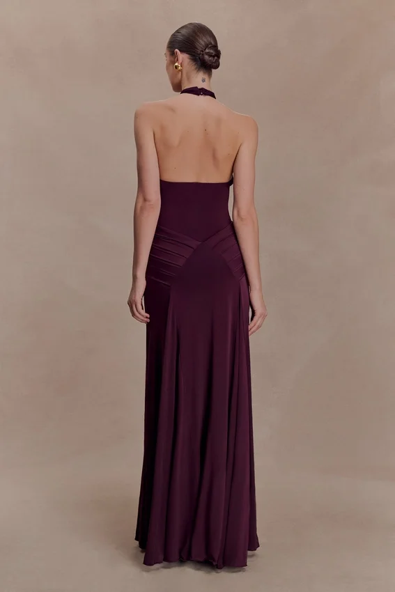 Indira Gathered Slinky Halter Maxi Dress – Mahogany Indira Gathered Slinky Halter Maxi Dress – Mahogany