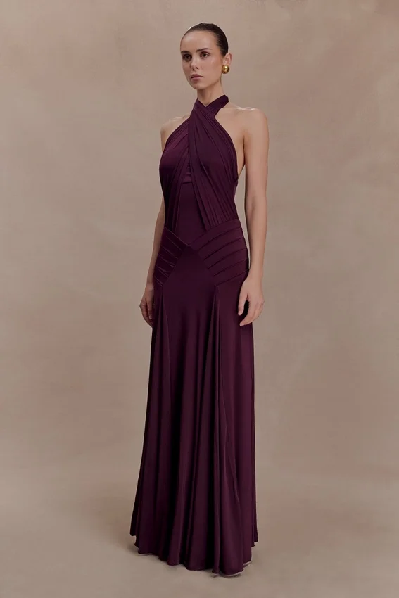 Indira Gathered Slinky Halter Maxi Dress – Mahogany Indira Gathered Slinky Halter Maxi Dress – Mahogany