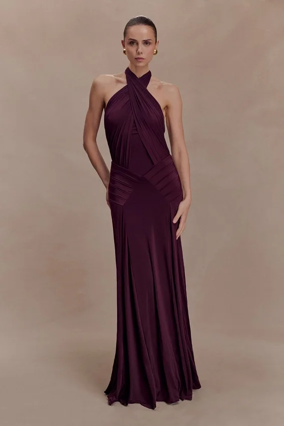 Indira Gathered Slinky Halter Maxi Dress – Mahogany Indira Gathered Slinky Halter Maxi Dress – Mahogany