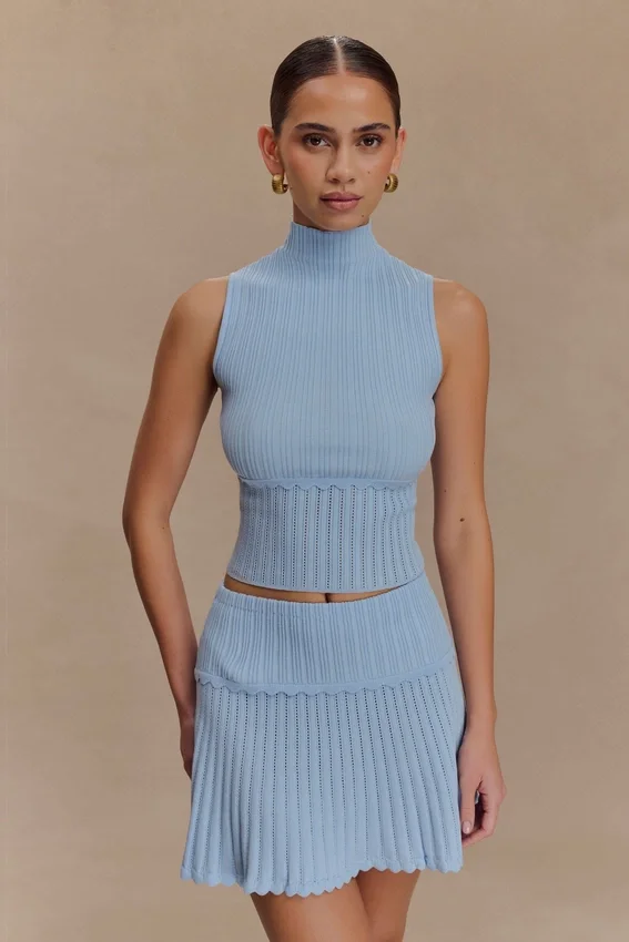 Indy Pointelle Knit Mini Skirt – Cornflower Blue Indy Pointelle Knit Mini Skirt – Cornflower Blue
