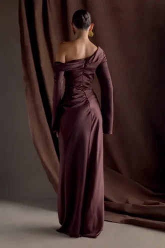 Iris Long Sleeve Satin Maxi Dress – Dark Chocolate