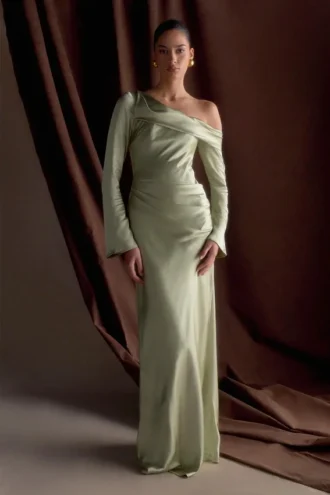 Iris Long Sleeve Satin Maxi Dress – Sage