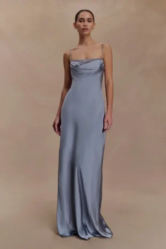 Isadora Lace & Satin Maxi Dress – Frosted Blue
