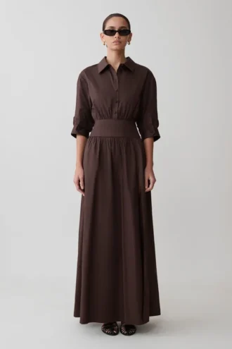 Isolde Long Sleeve Cotton Maxi Dress – Dark Chocolate