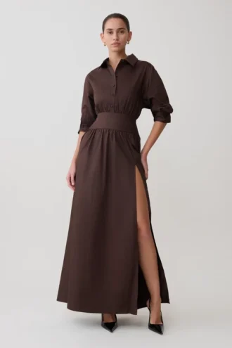 Isolde Long Sleeve Cotton Maxi Dress – Dark Chocolate