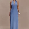 Jade Satin Halter Maxi Dress – Steel Blue Jade Satin Halter Maxi Dress – Steel Blue