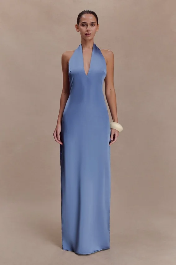 Jade Satin Halter Maxi Dress – Steel Blue Jade Satin Halter Maxi Dress – Steel Blue