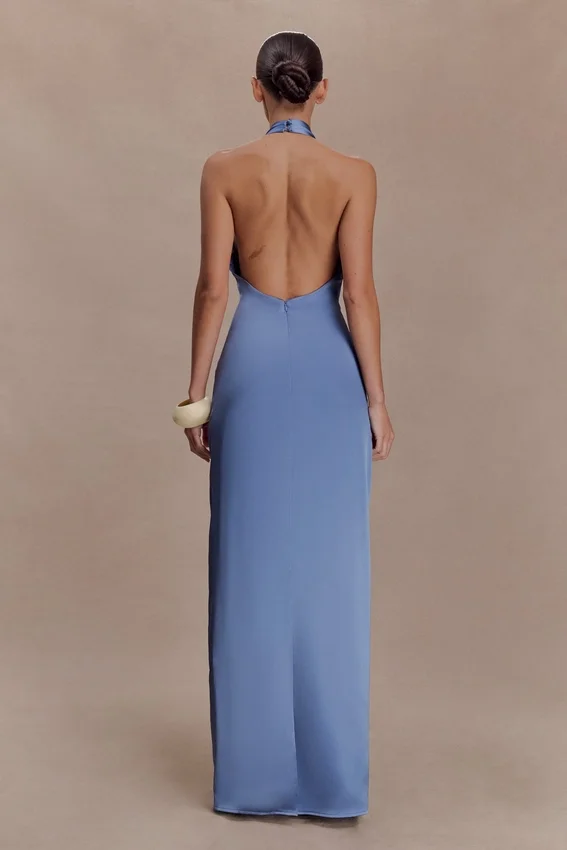 Jade Satin Halter Maxi Dress – Steel Blue Jade Satin Halter Maxi Dress – Steel Blue