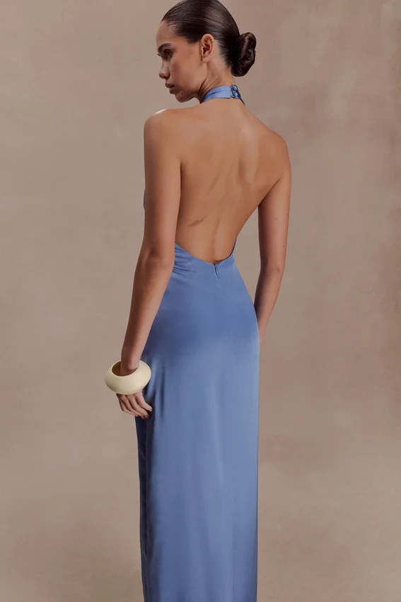Jade Satin Halter Maxi Dress – Steel Blue Jade Satin Halter Maxi Dress – Steel Blue