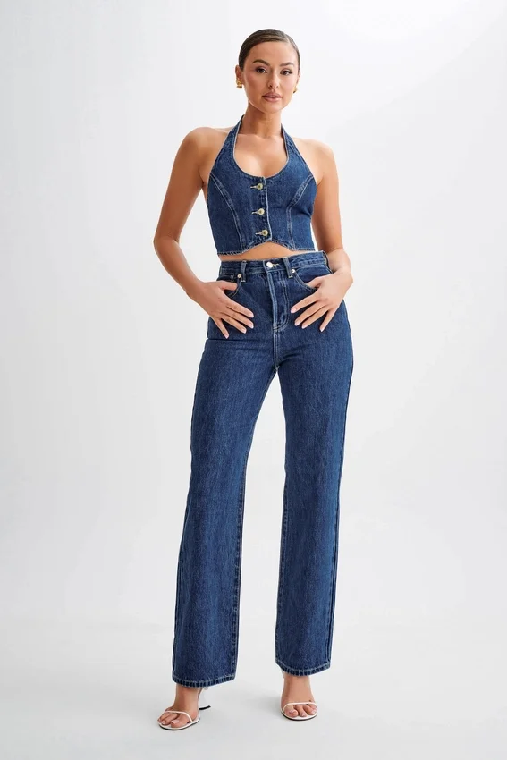 Janine High Waisted Straight Leg Jeans – Dark Blue Janine High Waisted Straight Leg Jeans – Dark Blue
