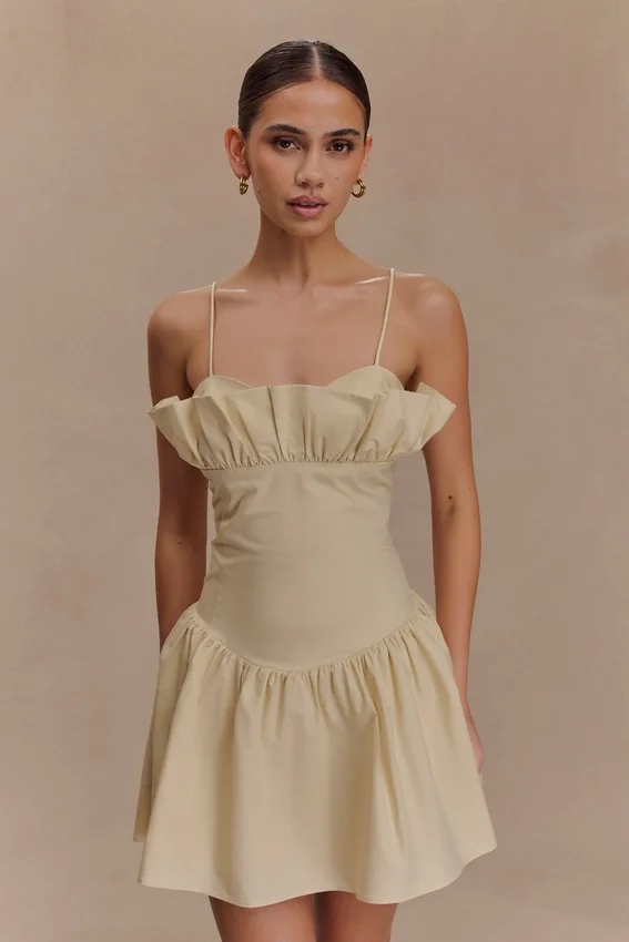 Janis Cotton Frill Mini Dress – Nude Janis Cotton Frill Mini Dress – Nude