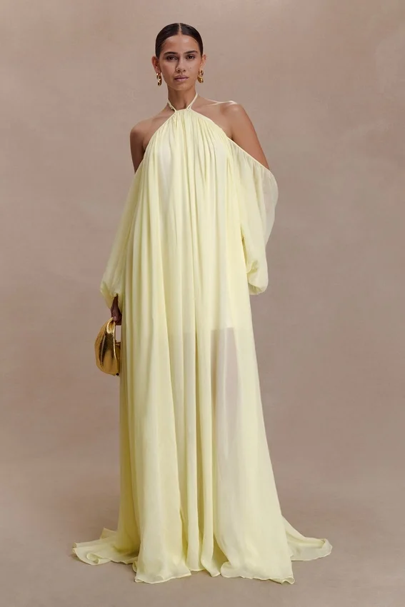 Janni Chiffon Maxi Dress With Hardware – Lemon Lime Janni Chiffon Maxi Dress With Hardware – Lemon Lime