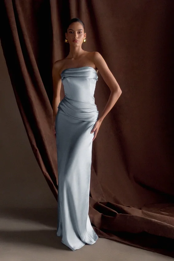 Jasmine Strapless Satin Maxi Dress – Frosted Blue Jasmine Strapless Satin Maxi Dress – Frosted Blue