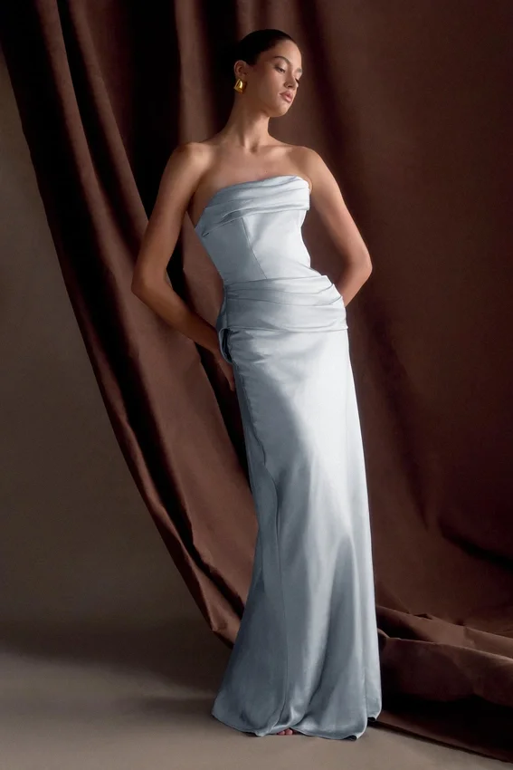 Jasmine Strapless Satin Maxi Dress – Frosted Blue Jasmine Strapless Satin Maxi Dress – Frosted Blue