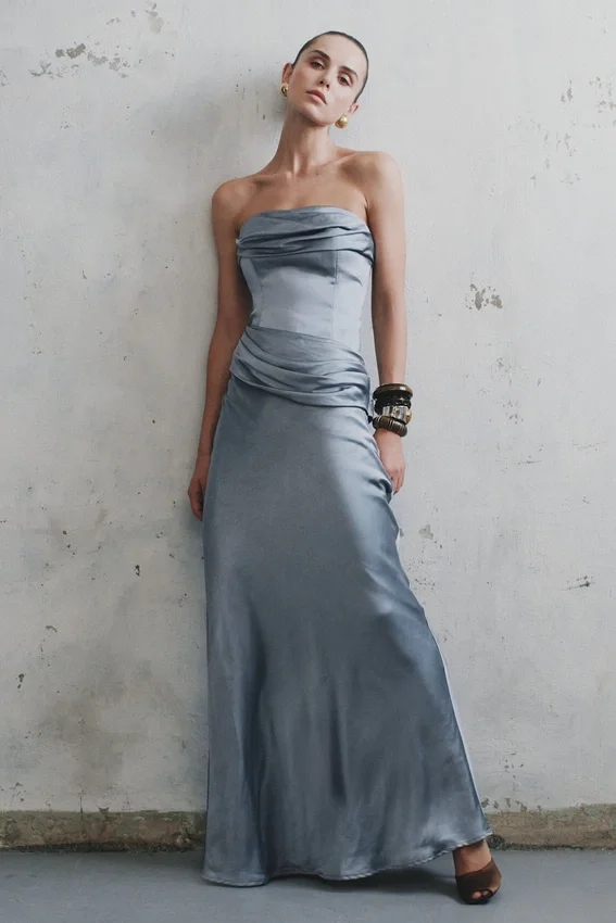Jasmine Strapless Satin Maxi Dress – Frosted Blue Jasmine Strapless Satin Maxi Dress – Frosted Blue