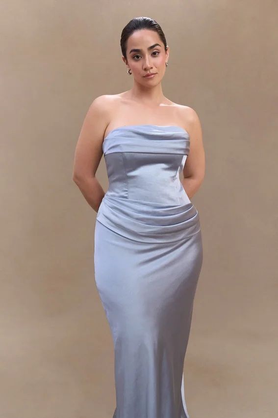 Jasmine Strapless Satin Maxi Dress – Frosted Blue Jasmine Strapless Satin Maxi Dress – Frosted Blue