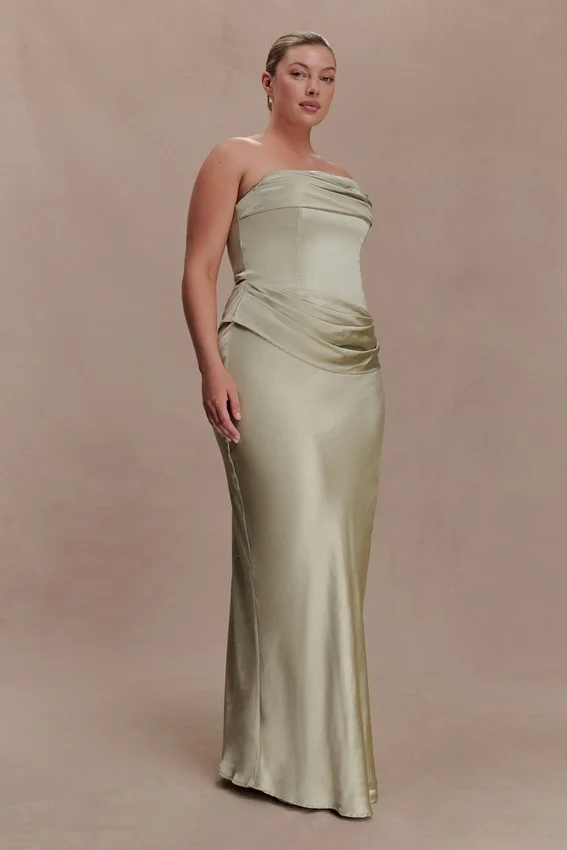 Jasmine Strapless Satin Maxi Dress – Sage Jasmine Strapless Satin Maxi Dress – Sage