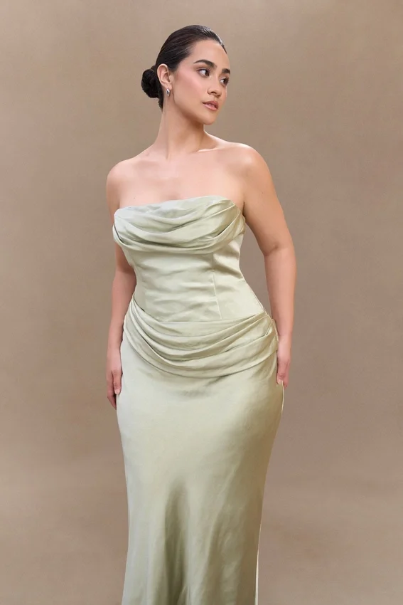 Jasmine Strapless Satin Maxi Dress – Sage Jasmine Strapless Satin Maxi Dress – Sage
