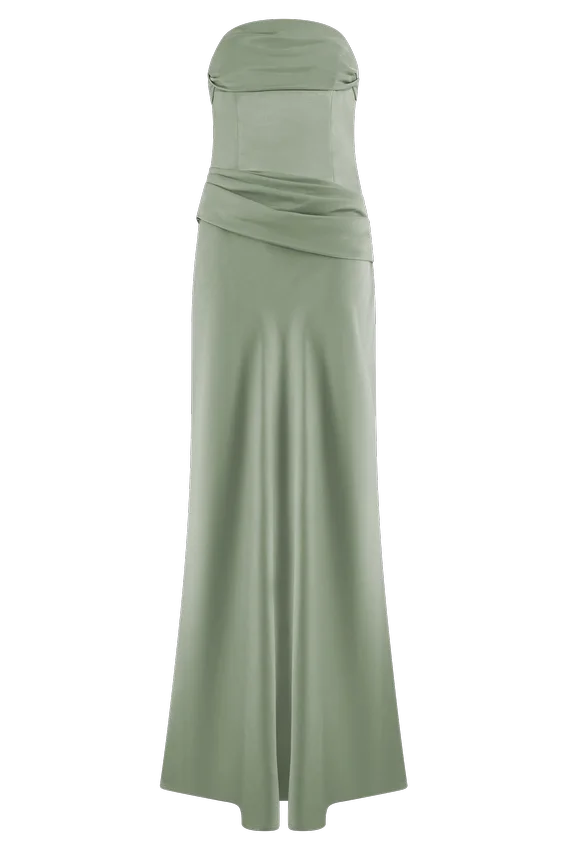 Jasmine Strapless Satin Maxi Dress – Sage Jasmine Strapless Satin Maxi Dress – Sage