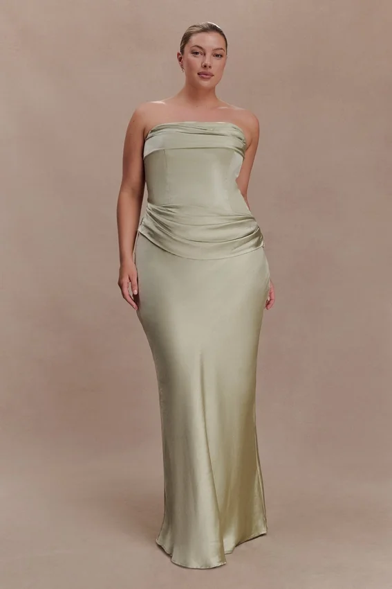 Jasmine Strapless Satin Maxi Dress – Sage Jasmine Strapless Satin Maxi Dress – Sage