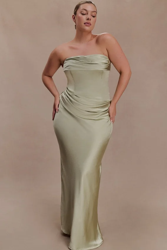 Jasmine Strapless Satin Maxi Dress – Sage Jasmine Strapless Satin Maxi Dress – Sage