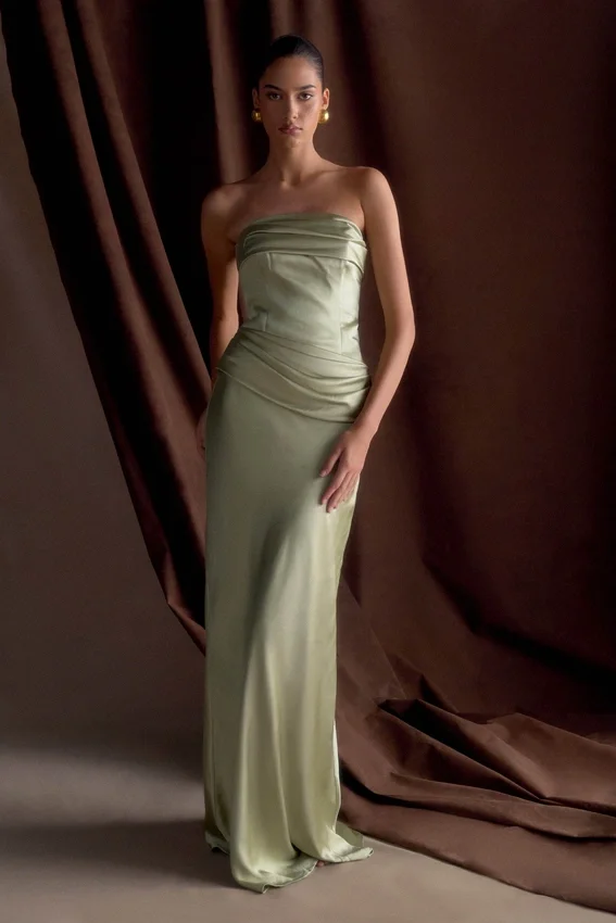 Jasmine Strapless Satin Maxi Dress – Sage Jasmine Strapless Satin Maxi Dress – Sage
